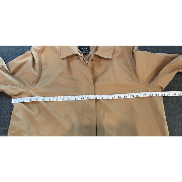 Dennis Basso Tan Mid Length Trench Coat Animal Print Trim Sz L - Picture 9 of 10